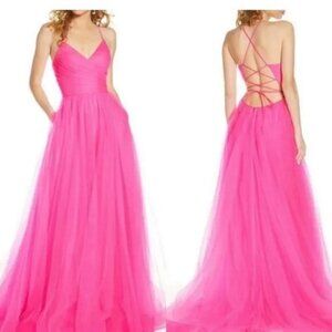 La Femme Neon Pink Strappy Neon Light Tulle Gown